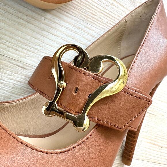 Love Moschino Leather Peep Toe Stacked‎ Heel Mary Jane Pumps | Brown 39 - Picture 4 of 11